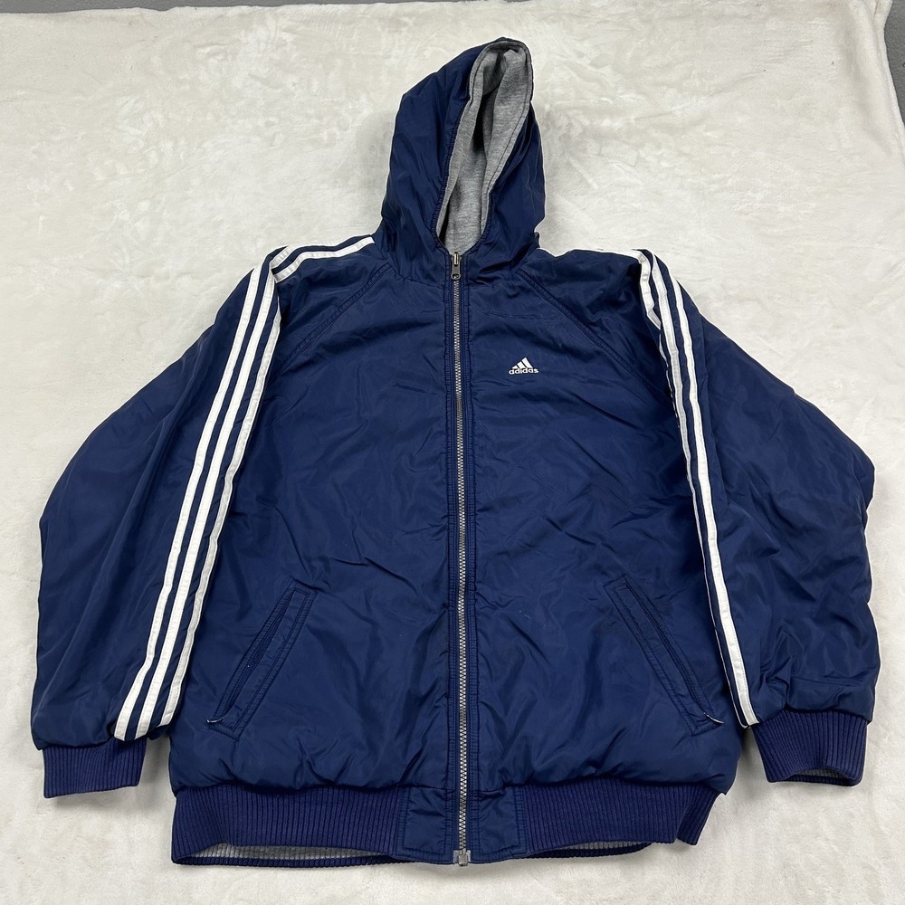Adidas Reversible Jacket mens M Navy Blue Grey Hooded 3-Stripe Full Zip